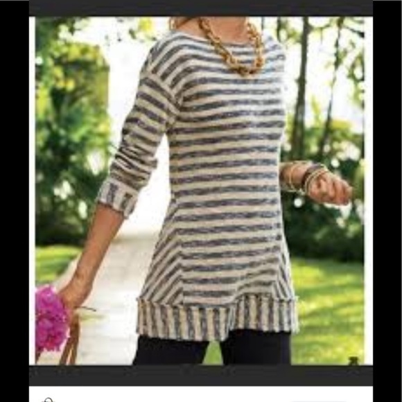 Soft surroundings marina pullover rough edge boho sweater navy cream stripe - Picture 1 of 11